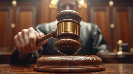 The judge's hand holds the gavel, ready to bring it down on the altar in front of them. The scene is set in a courtroom with warm lighting