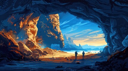 Create an image of explorers discovering hidden caves and rock formations in a remote wilderness area