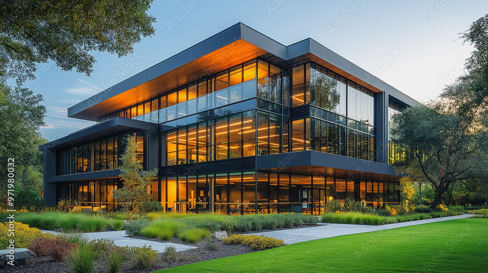Aufkleber a large building with a lot of windows and a green lawn. the building is surrounded by trees and has