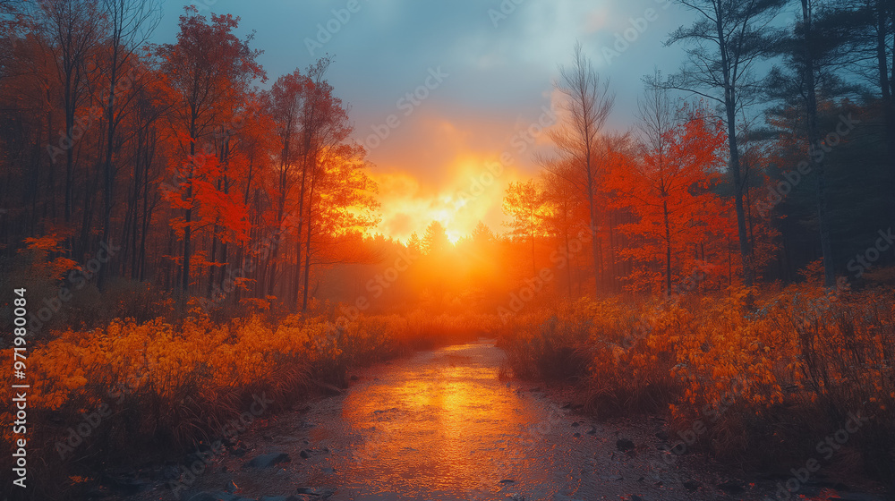 Poster a forest with a path leading through it. the sun is setting and the sky is orange. the trees are ful