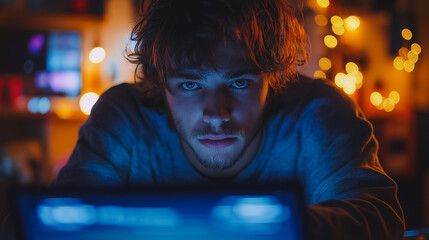 Fototapeta premium A man is sitting in front of a computer screen with a blue screen. He is wearing a gray shirt and has a beard. The room is dimly lit, and there are several books scattered around the area
