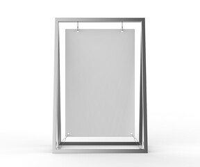 Metal blank a frame with swinging banner board 3d render illustration.