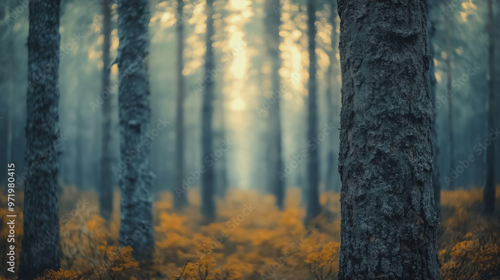 Poster a forest with trees and a tree trunk in the foreground