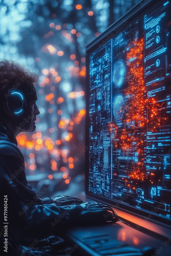 Poster a man is sitting in front of a computer monitor with a blue screen and orange dots. he is wearing he