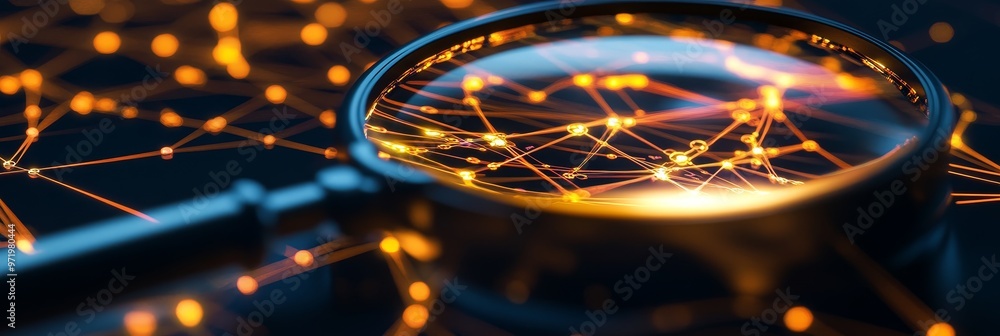 Poster a magnifying glass focuses on a complex network of interconnected glowing lines, representing the in