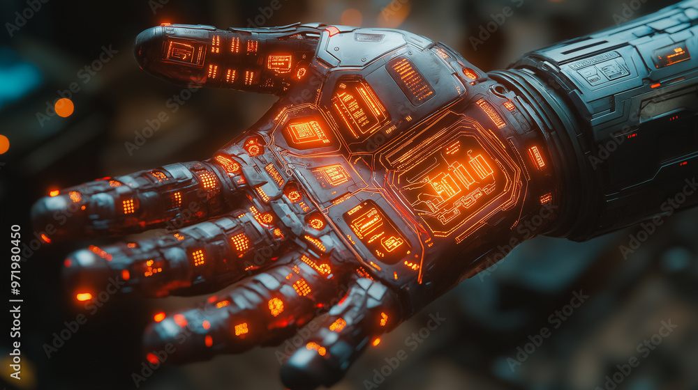Aufkleber a hand with glowing digits is shown in a futuristic setting. concept of advanced technology and a fu