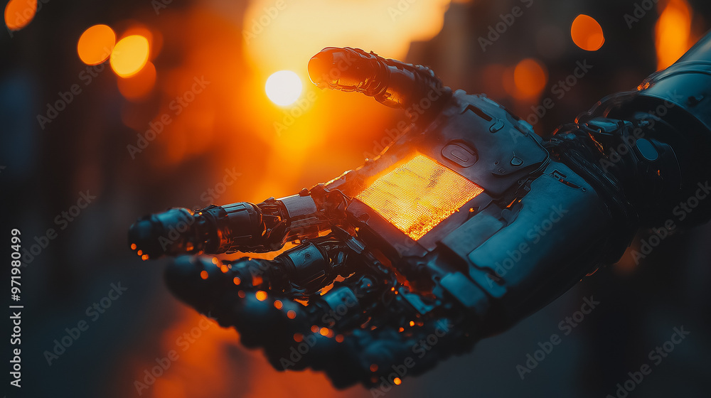 Poster a hand holding a glowing object with a black glove on it. the image has a futuristic and mysterious 