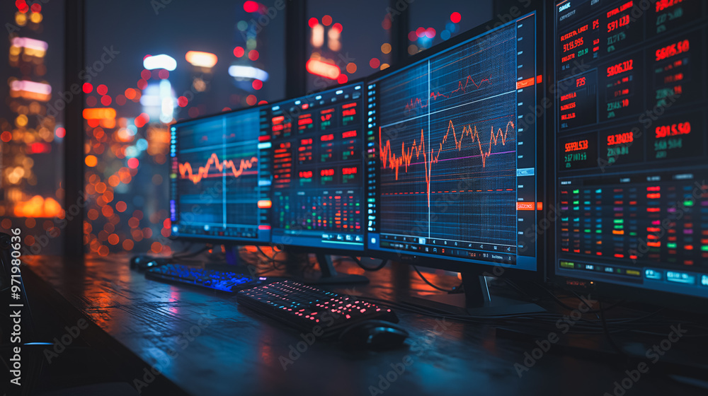 Poster a computer monitor displays a number of stock market graphs. the screens are lit up with bright colo
