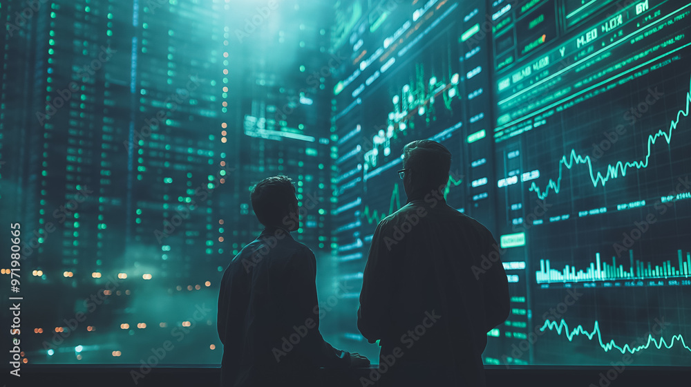 Poster two men are looking at a computer screen with a lot of numbers and graphs. scene is serious and focu