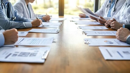 Doctors seated around a large wooden table with printed diagnostic reports and patient files spread out, clinical strategy, patient care discussion