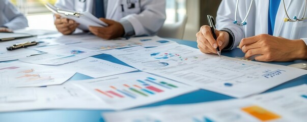 Doctors reviewing patient charts and handwritten notes on a conference table filled with paper files, clinical analysis, data review
