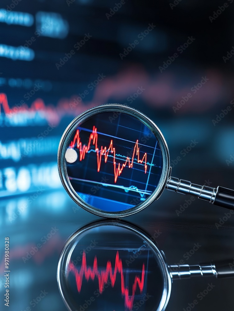 Aufkleber a magnifying glass is positioned over a computer screen displaying stock market data. the glass magn