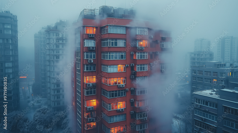 Poster a foggy cityscape with a large red building in the foreground. the building is surrounded by other b