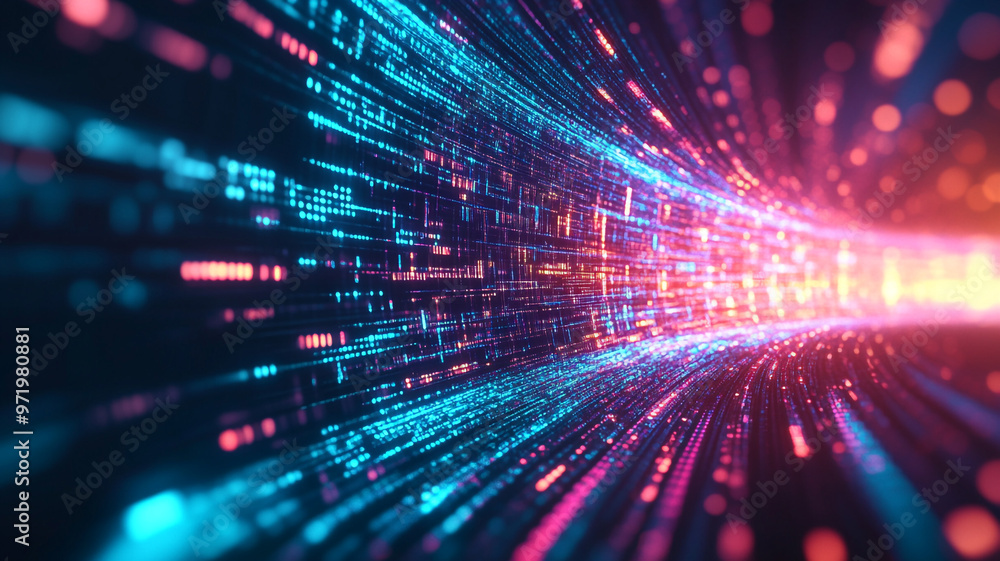 Poster abstract digital tunnel with vibrant colors illustrating data flow and technology concepts