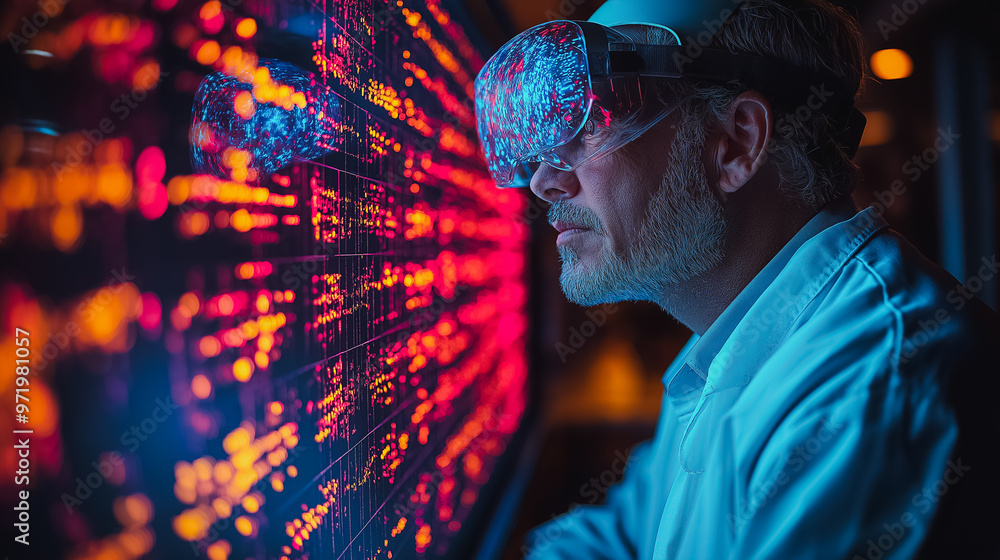 Poster a man wearing a white lab coat is looking at a computer screen with a lot of numbers and graphs. con
