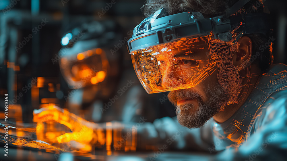 Poster a man wearing a visor and goggles is looking at a computer screen. the scene is set in a lab or a wo