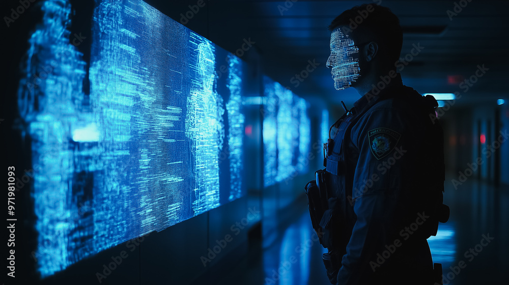 Poster a man in a blue uniform stands in front of a large screen displaying a face. the man is holding a gu