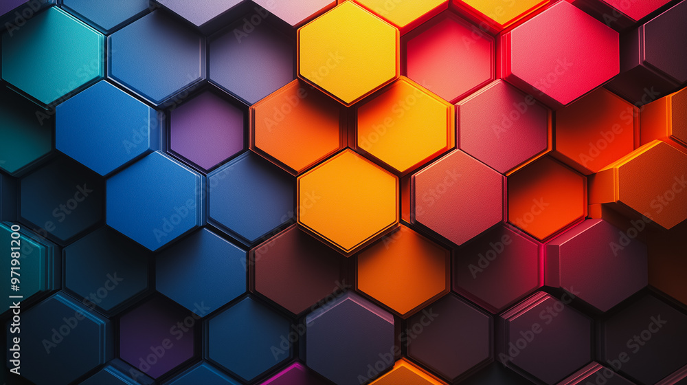 Poster a colorful hexagonal pattern with a blue and orange section. the pattern is made up of many small sq