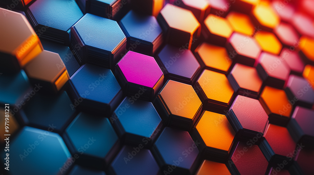 Poster a colorful hexagonal pattern with a pink and blue hexagon in the middle. the pattern is made up of m