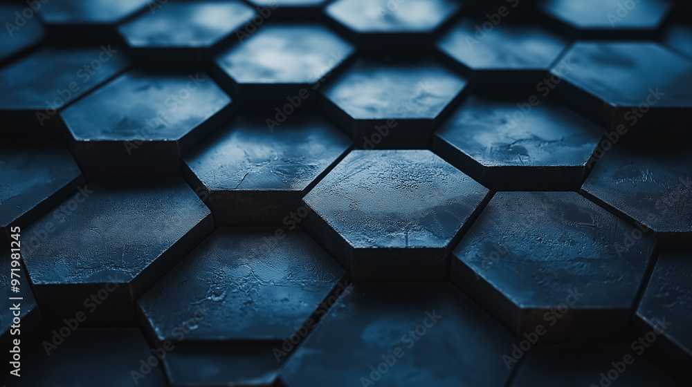 Poster a close up of a blue hexagonal pattern. the image is of a blue surface with a pattern of hexagons. t