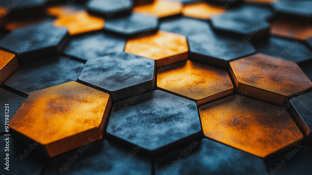 Poster a close up of a pattern of hexagons with a blue and orange color scheme. the image has a modern and 