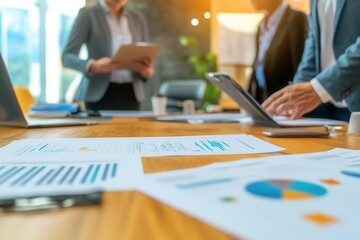 Business professionals analyzing printed business continuity frameworks in a brightly lit conference room, continuity framework, strategic planning