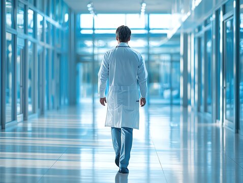 back view, Confident doctor walking through a corporate building, strong and determined