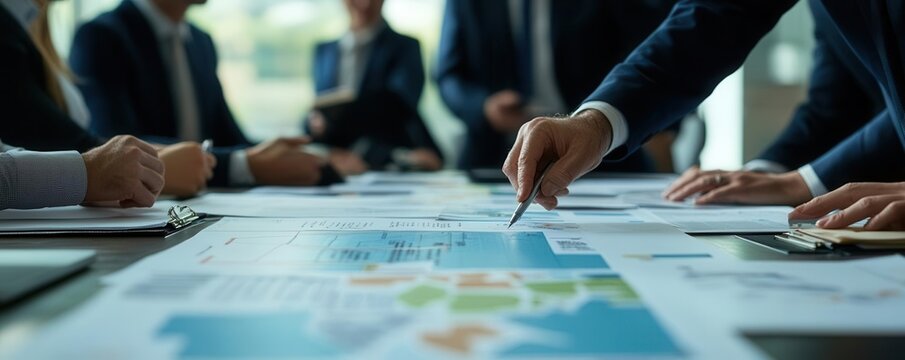 Business leaders passing around printed evacuation protocols and contingency diagrams during a meeting, evacuation strategy, business resilience