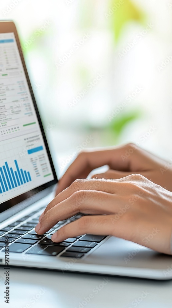 Poster a close-up of hands typing on a laptop keyboard with analytical charts on the screen, symbolizing di