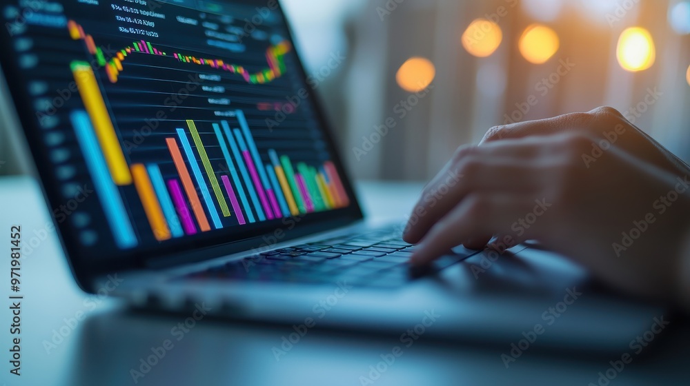 Poster a person analyzes data on a laptop, focusing on colorful graphs and charts in a modern workspace.