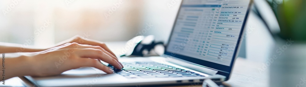 Poster close-up of a person's hand typing on a laptop keyboard, with a spreadsheet displayed on the screen 