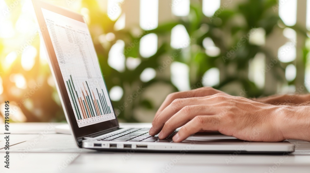 Poster a person typing on a laptop with a focus on data analysis, surrounded by greenery, representing mode