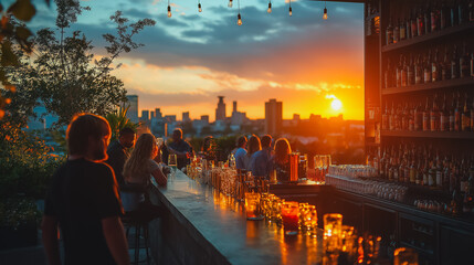 A bar with a group of people sitting at it. The bar has a lot of liquor bottles on it. The people are enjoying their drinks and the atmosphere is lively