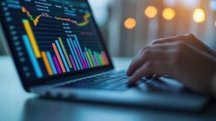 A person analyzes data on a laptop, focusing on colorful graphs and charts in a modern workspace.