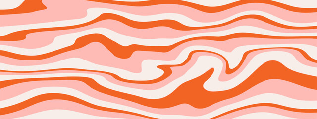 Groovy Waves Background. Psychedelic Abstract Wavy Curves Vector Pattern in 1970s Hippie Retro Style for Print on Textile, Wrapping Paper, Web Design and Social Media. Red and orange colors