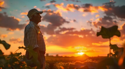 Fototapeta premium a farmer in the field at sunset
