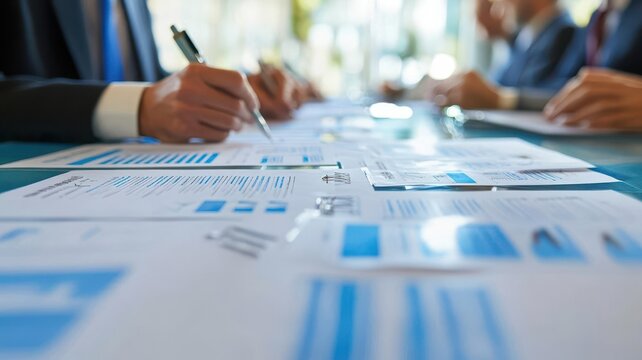 Managers writing notes on printed disaster recovery workflows during a formal meeting, disaster recovery, document-based discussion