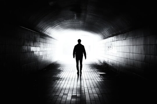 Fototapeta A lone figure walking towards the bright light at the end of a tunnel