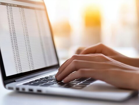 Close-up of hands typing on a laptop, focusing on data entry and digital work productivity in a bright office environment.