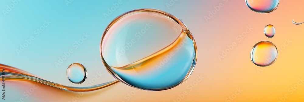 Poster a mesmerizing abstract image featuring a large, iridescent water droplet floating above a shimmering