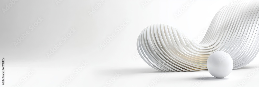 Poster a minimalist design featuring a smooth white sphere resting in front of a curved, abstract white str
