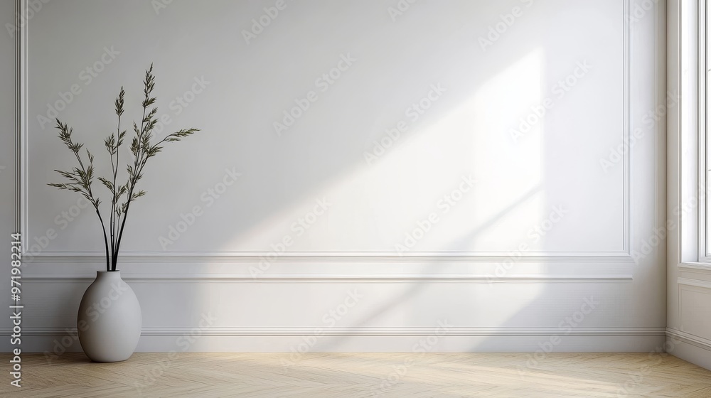 Poster a minimalist interior design with a white wall, wooden floor, and a single vase with a plant. sunlig