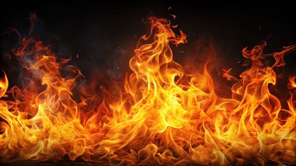 Fototapeta premium Bright and intense flames dancing in a dark background, fire, heat, burning, energy, hot, flames, inferno, blaze