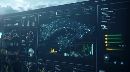 A digital interface filled with data and visuals on trendy topics in sustainability, from climate change to eco-friendly products