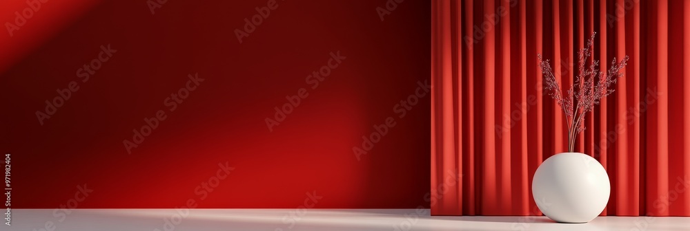 Poster a minimalist product display backdrop with a red curtain backdrop and a white spherical vase with dr