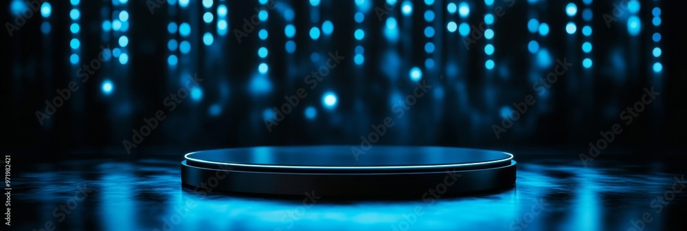 Poster a minimalist product display featuring a sleek circular platform illuminated by a backdrop of blue b