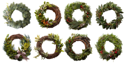Decorative wreath made from pine branches and festive elements isolated on transparent background