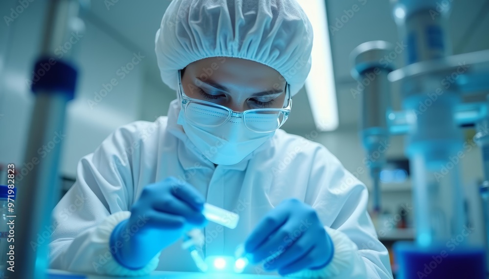 Poster focused scientist in lab examining samples under microscope
