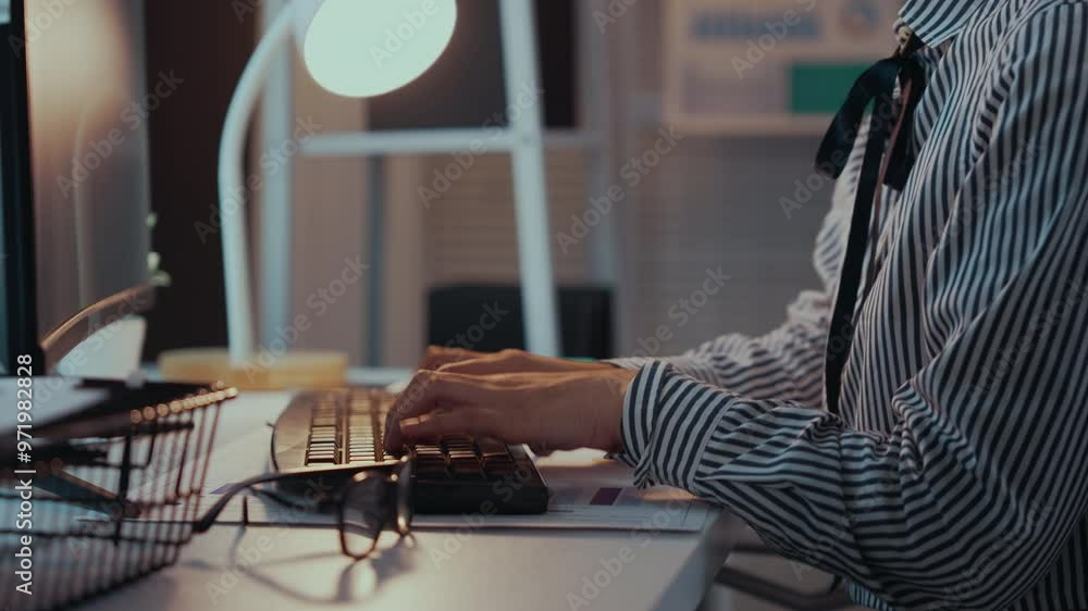 Poster businesswoman working late in an office, typing swiftly on a keyboard. focused and determined, she h