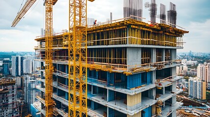 Exterior View of a Building Under Construction. Construction workers working on construction site